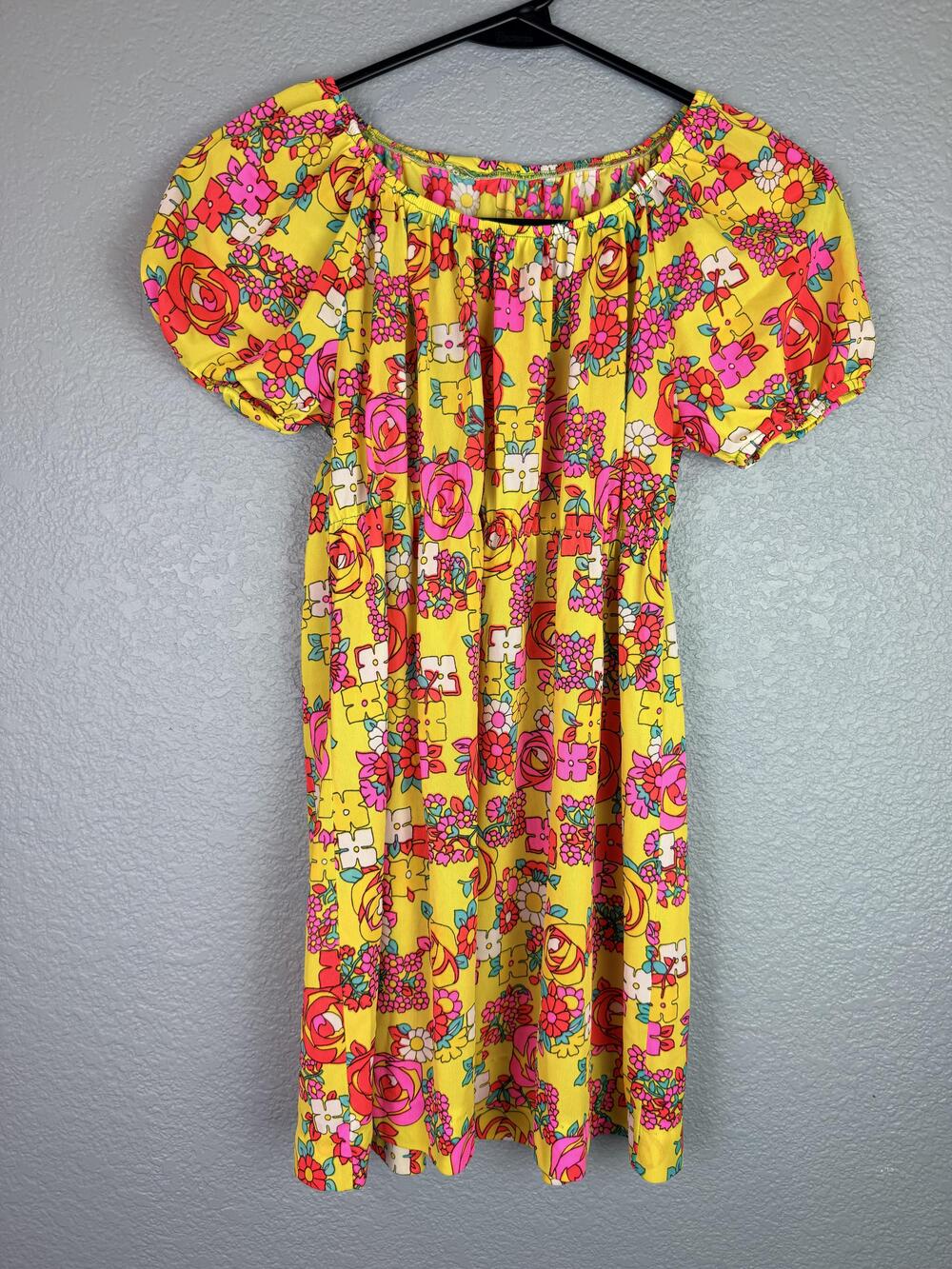 Retro Floral Dress Girls 8-10 Yellow Puff Sleeve Stretch 60s Style Sundress